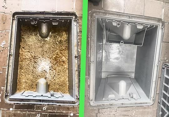 Before and after photo of a floor grease trap cleaned for a Hazel Crest kitchen